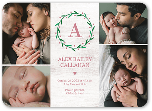 Monogram Laurel Birth Announcement, Pink, 5x7 Flat, 100% Recycled Cardstock , Rounded