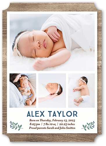 Timbered Gallery Birth Announcement, Blue, 5x7 Flat, Pearl Shimmer Cardstock, Ticket