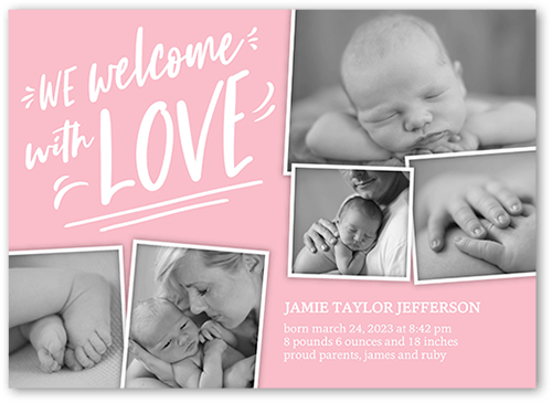 Fun Welcome Birth Announcement, Pink, 5x7 Flat, Standard Smooth Cardstock, Square, Powder Pink