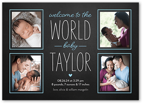 The Big Introduction Birth Announcement, Blue, 5x7 Flat, Pearl Shimmer Cardstock, Square, Powder