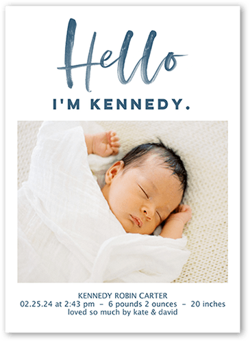 Hello Script Birth Announcement, Blue, 5x7 Flat, 100% Recycled Cardstock , Square