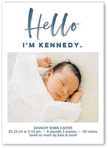 Hello Script Birth Announcement, Blue, 5x7 Flat, Pearl Shimmer Cardstock, Square