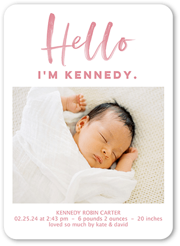 Hello Script Birth Announcement, Pink, 5x7 Flat, Pearl Shimmer Cardstock, Rounded