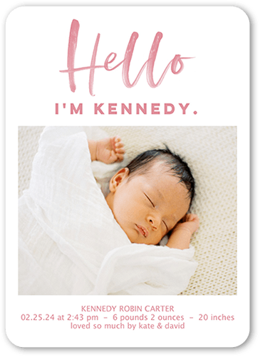 Hello Script Birth Announcement, Pink, 5x7 Flat, Standard Smooth Cardstock, Rounded