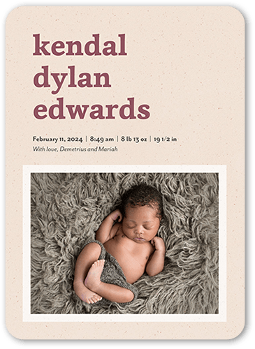 Speckled Paper Birth Announcement, Beige, 5x7 Flat, Standard Smooth Cardstock, Rounded