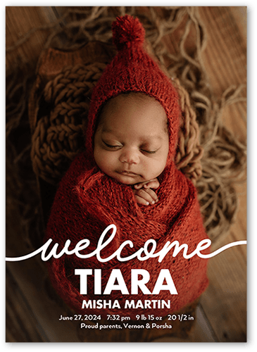 Welcome Script Birth Announcement, White, 5x7 Flat, Pearl Shimmer Cardstock, Square