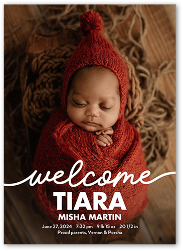 Welcome Script Birth Announcement, White, 5x7 Flat, Standard Smooth Cardstock, Square