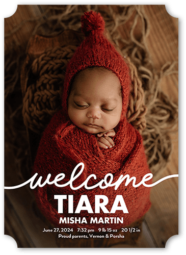 Welcome Script Birth Announcement, White, 5x7 Flat, Signature Smooth Cardstock, Ticket
