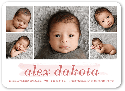 Watercolor Swatch Birth Announcement, Pink, 5x7 Flat, Signature Smooth Cardstock, Rounded