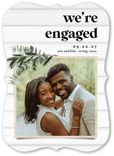 Now Engaged Save The Date, White, 5x7 Flat, Pearl Shimmer Cardstock, Bracket