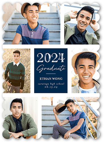 Sophisticated Showcase Graduation Announcement, Blue, 5x7 Flat, Pearl Shimmer Cardstock, Scallop