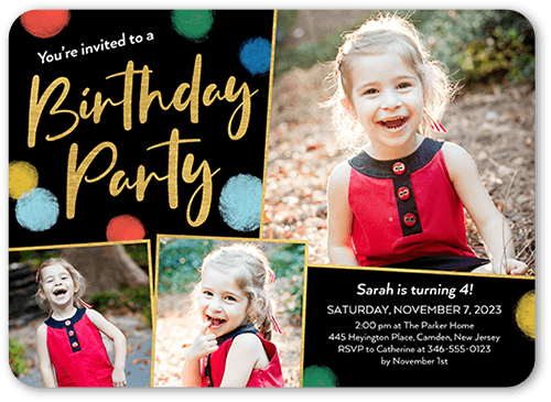 Rainbow Bokeh Birthday Invitation, Black, 5x7 Flat, Pearl Shimmer Cardstock, Rounded