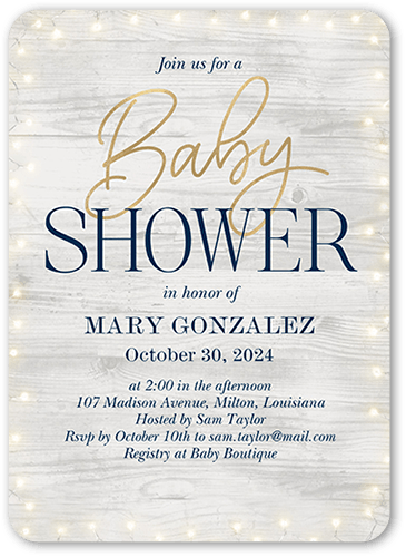 Framed Rustic Lights Baby Shower Invitation, Blue, 5x7 Flat, Pearl Shimmer Cardstock, Rounded
