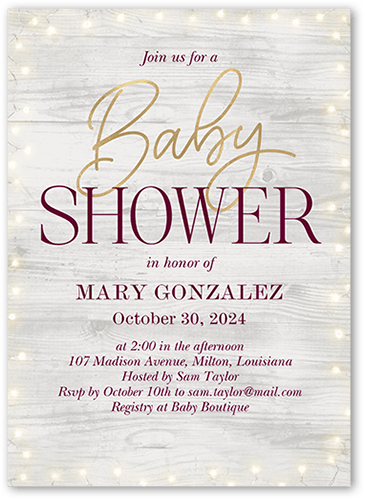 Framed Rustic Lights Baby Shower Invitation, Purple, 5x7 Flat, 100% Recycled Cardstock , Square