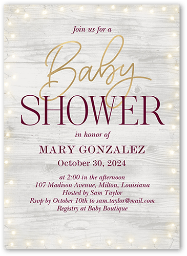 Framed Rustic Lights Baby Shower Invitation, Purple, 5x7 Flat, Signature Smooth Cardstock, Square