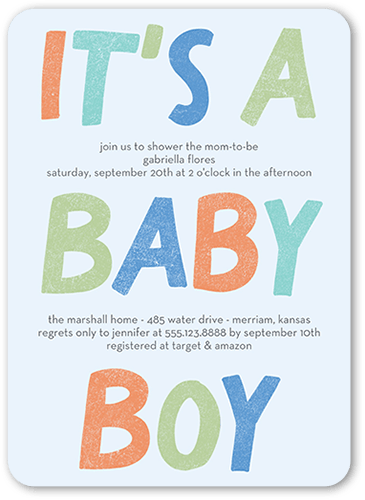 Fanciful Color Baby Shower Invitation, Blue, 5x7 Flat, Pearl Shimmer Cardstock, Rounded