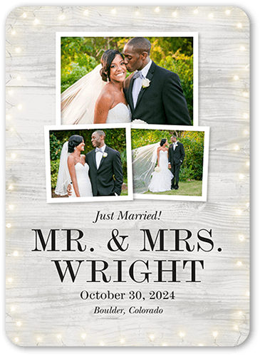 Framed In Lights Wedding Announcement, Gray, 5x7 Flat, 100% Recycled Cardstock , Rounded