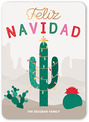 Festive Cactus Tarjeta de Navidad, Beige, 5x7 Flat, Feliz Navidad, Pearl Shimmer Cardstock, Rounded