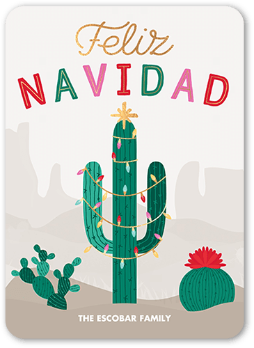 Festive Cactus Tarjeta de Navidad, Beige, 5x7 Flat, Feliz Navidad, Signature Smooth Cardstock, Rounded