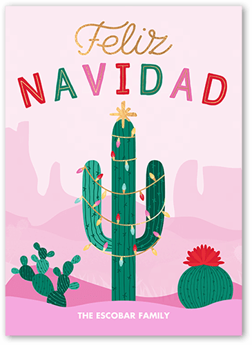 Festive Cactus Tarjeta de Navidad, Green, 5x7 Flat, Feliz Navidad, Standard Smooth Cardstock, Square