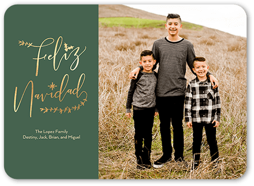 Organic Script Tarjeta de Navidad, Green, 5x7 Flat, Feliz Navidad, Signature Smooth Cardstock, Rounded