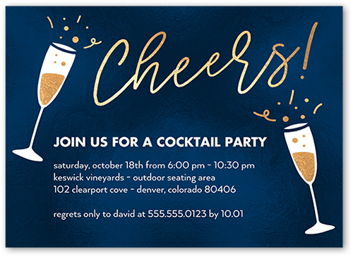 Bubbly Cheers Party Invitation, Blue, 5x7 Flat, 100% Recycled Cardstock , Square, Midnight