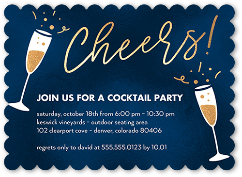 Bubbly Cheers Party Invitation, Blue, 5x7, Pearl Shimmer Cardstock, Scallop