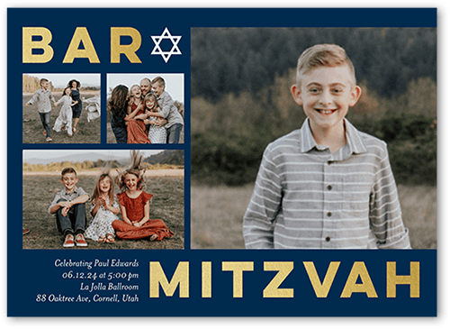 Big Block Gallery Bar Mitzvah Invitation, Blue, 5x7 Flat, Luxe Double-Thick Cardstock, Square