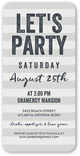 Striped Bash Party Invitation, Grey, 4x8, Standard Smooth Cardstock, Rounded