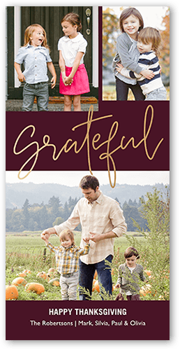 Elegant Thanksgiving Fall Photo Card, Purple, 4x8 Flat, White, Signature Smooth Cardstock, Square