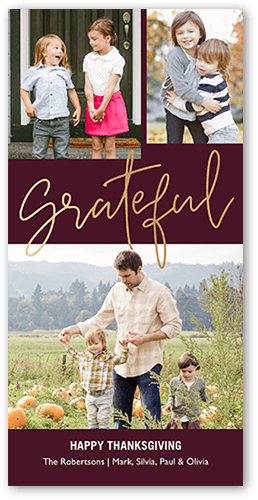 Elegant Thanksgiving Fall Photo Card, Purple, 4x8 Flat, Pearl Shimmer Cardstock, Square