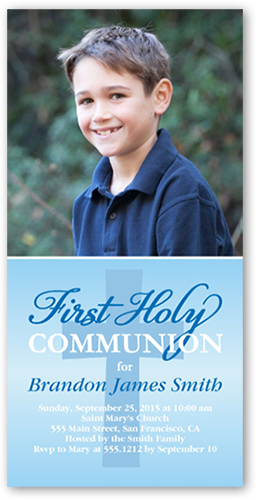 Heavenly Cross Boy Communion Invitation, Blue, Signature Smooth Cardstock, Square