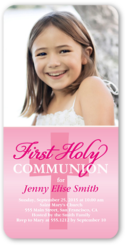 Heavenly Cross Girl Communion Invitation, Pink, Standard Smooth Cardstock, Rounded