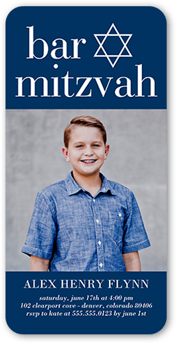 Solid Block Bar Mitzvah Invitation, Blue, 4x8 Flat, Signature Smooth Cardstock, Rounded