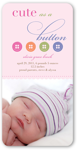 Button Pink Birth Announcement, Pink, Pearl Shimmer Cardstock, Rounded