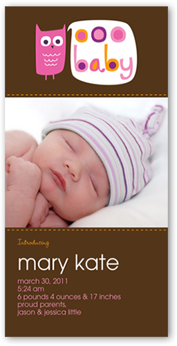 Whoo's That Pink Birth Announcement, Brown, Standard Smooth Cardstock, Square
