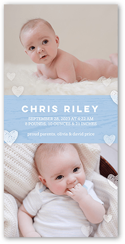Gentle Hearts Birth Announcement, Blue, 4x8 Flat, Signature Smooth Cardstock, Square