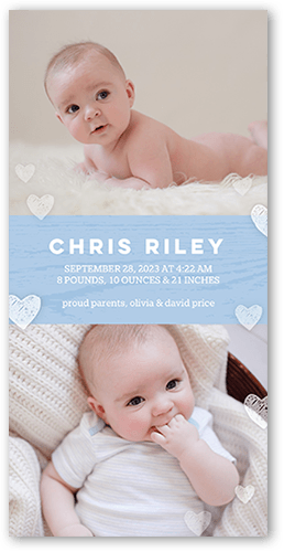 Gentle Hearts Birth Announcement, Blue, 4x8 Flat, Pearl Shimmer Cardstock, Square