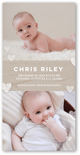 Gentle Hearts Birth Announcement, Beige, 4x8 Flat, Pearl Shimmer Cardstock, Square