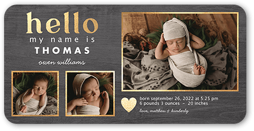 Rustic Newborn Birth Announcement, Grey, 4x8 Flat, Pearl Shimmer Cardstock, Rounded