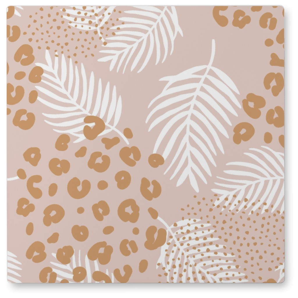 Palm Leaves and Animal Panther Spots - Beige Photo Tile, Metal, 8x8, Pink, Bright Pink