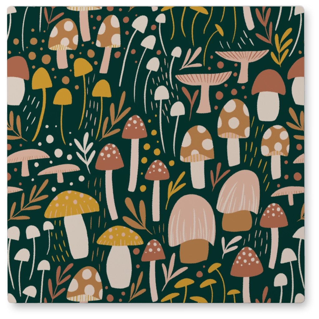 Woodland Mushroom Meadow - Green Photo Tile, Metal, 8x8, Green