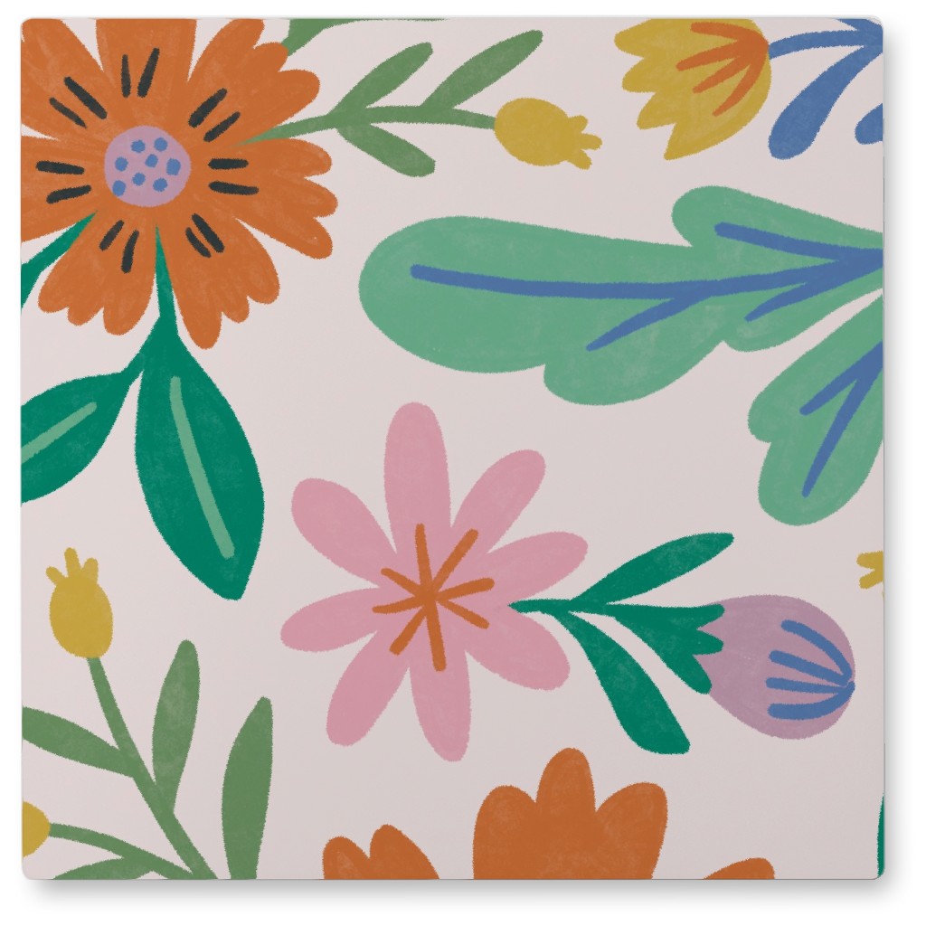 Happy Flowers - Multi on Pink Photo Tile, Metal, 8x8, Multicolor