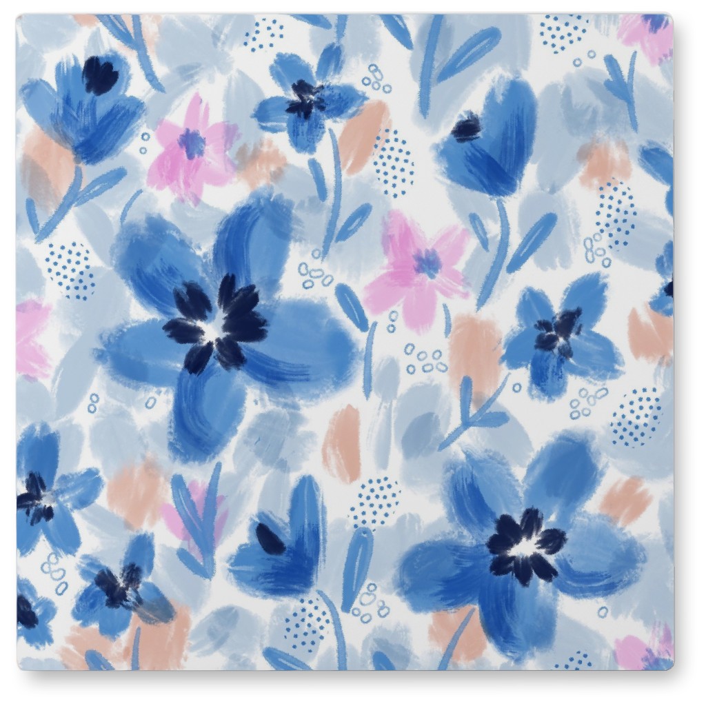 Painterly Floral - Blue Photo Tile, Metal, 8x8, Blue