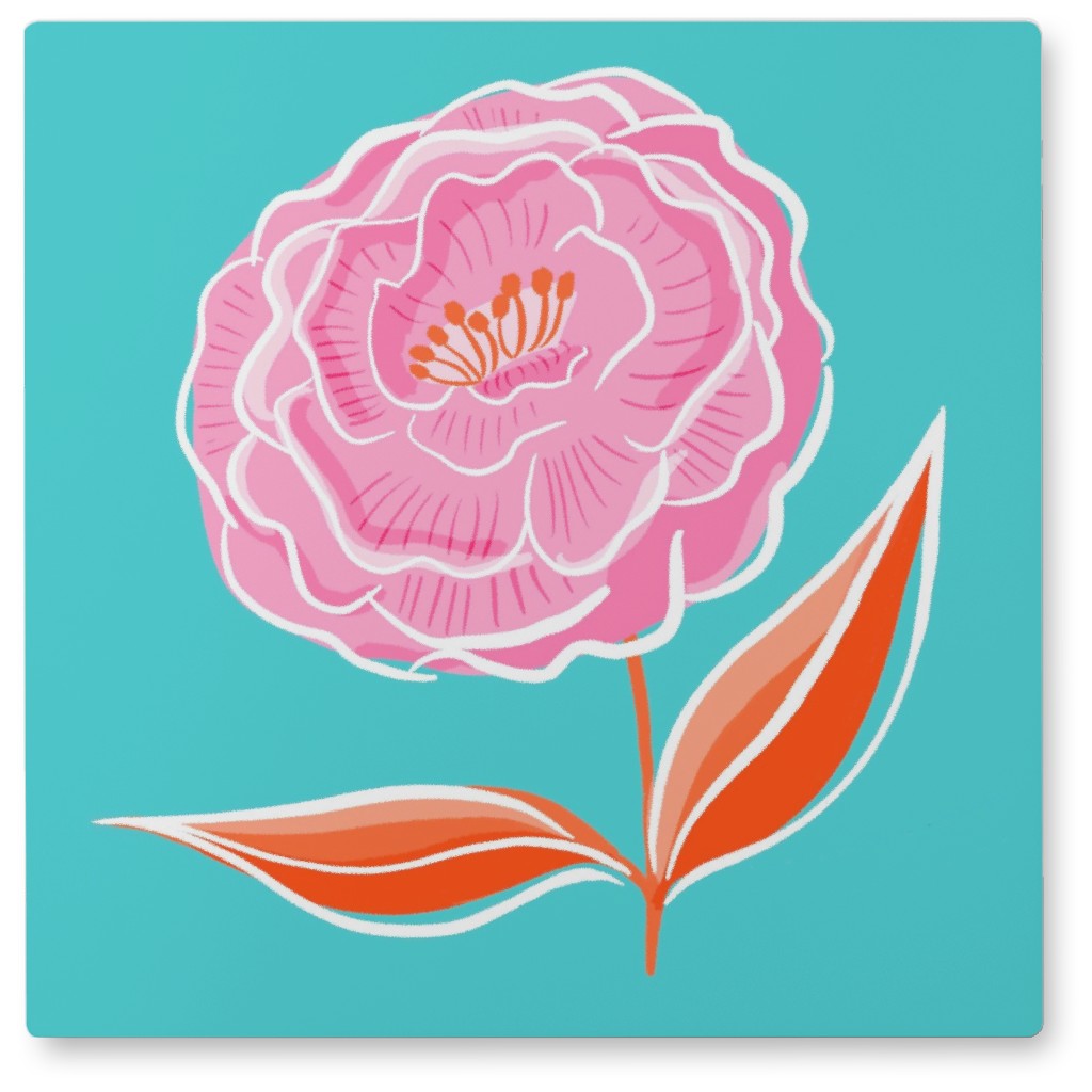 Pink Flower on Teal Photo Tile, Metal, 8x8, Multicolor