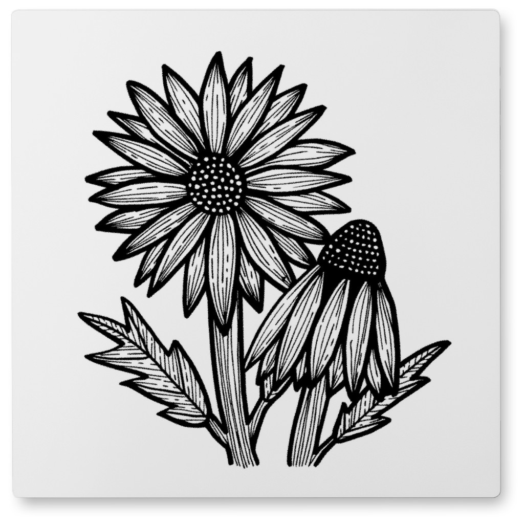 Daisies - Black and White Photo Tile, Metal, 8x8, White, White