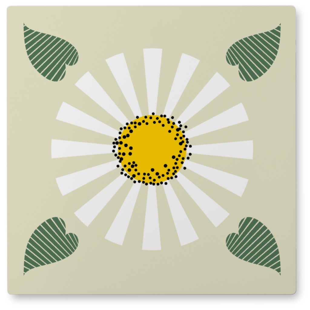 Abstract Daisy - White on Beige Photo Tile, Metal, 8x8, Green