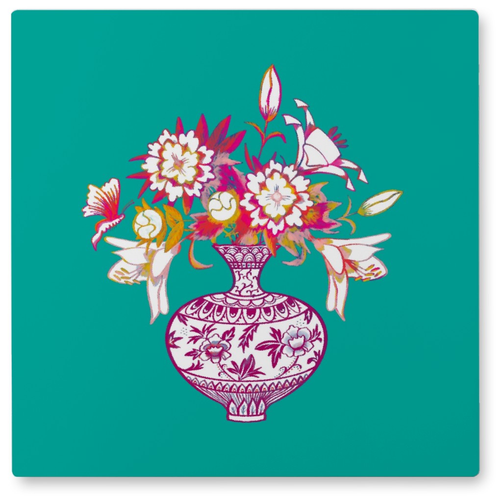 Floral Bouquet on Turquoise Photo Tile, Metal, 8x8, Multicolor