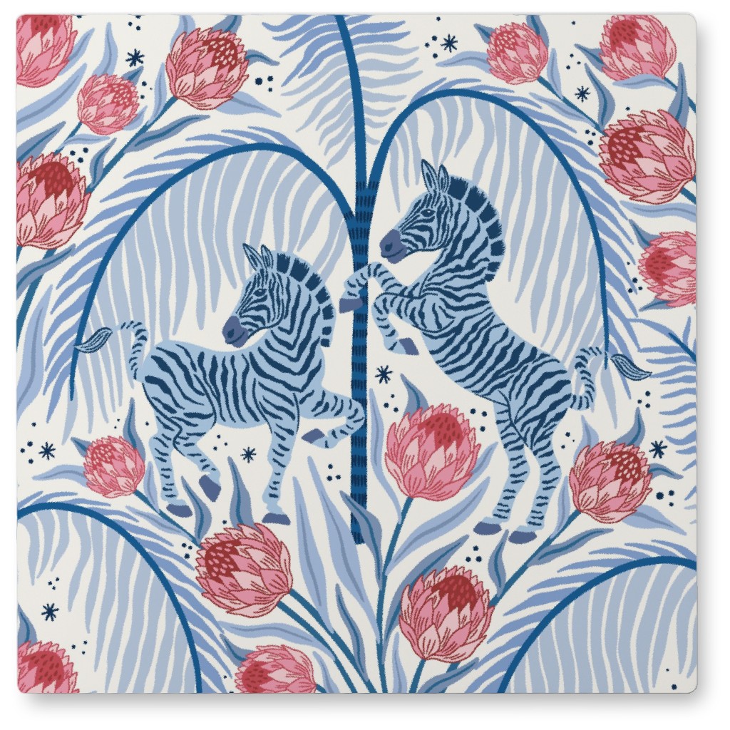 Zebra and Protea Photo Tile, Metal, 8x8, Blue
