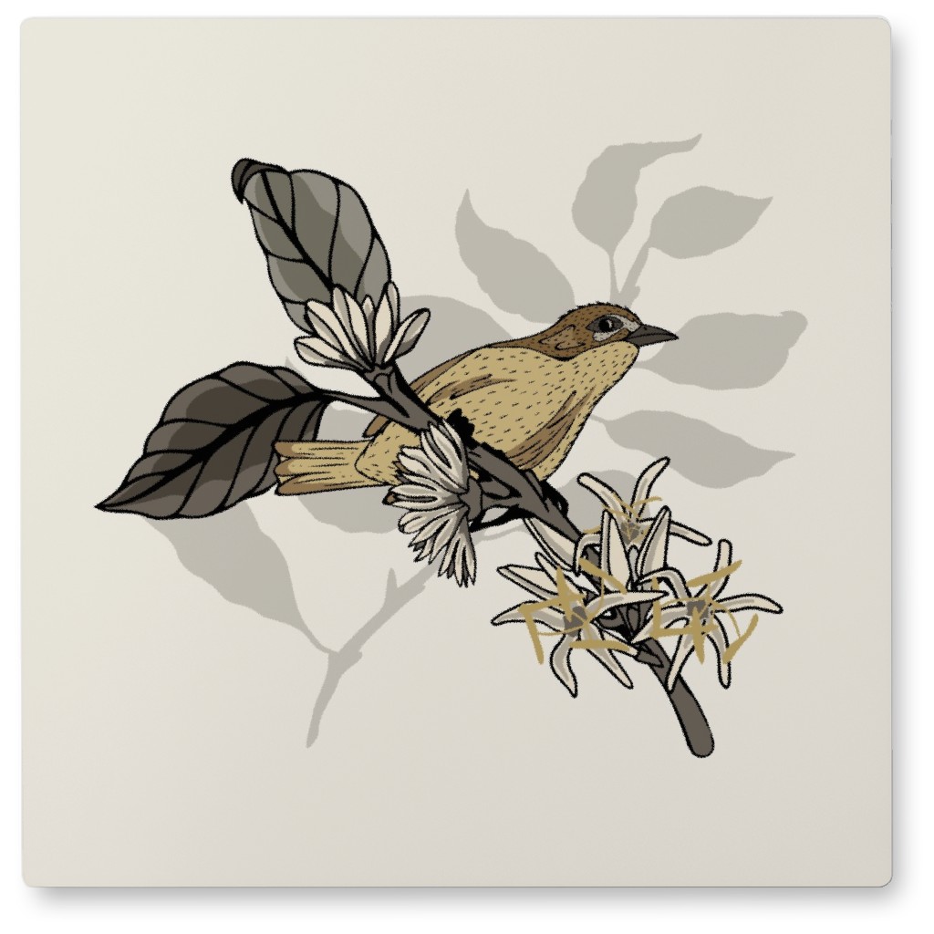 Coffee Plant With Bird - Neutral Photo Tile, Metal, 8x8, Beige, Pearl
